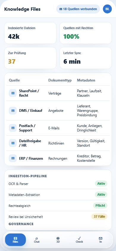 Mobile Knowledge-Files-Oberfläche mit App-Navigation